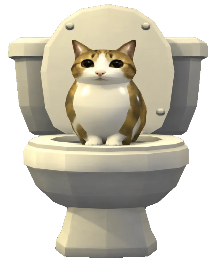 Toilet Cat perched in his toilet, looking straight ahead