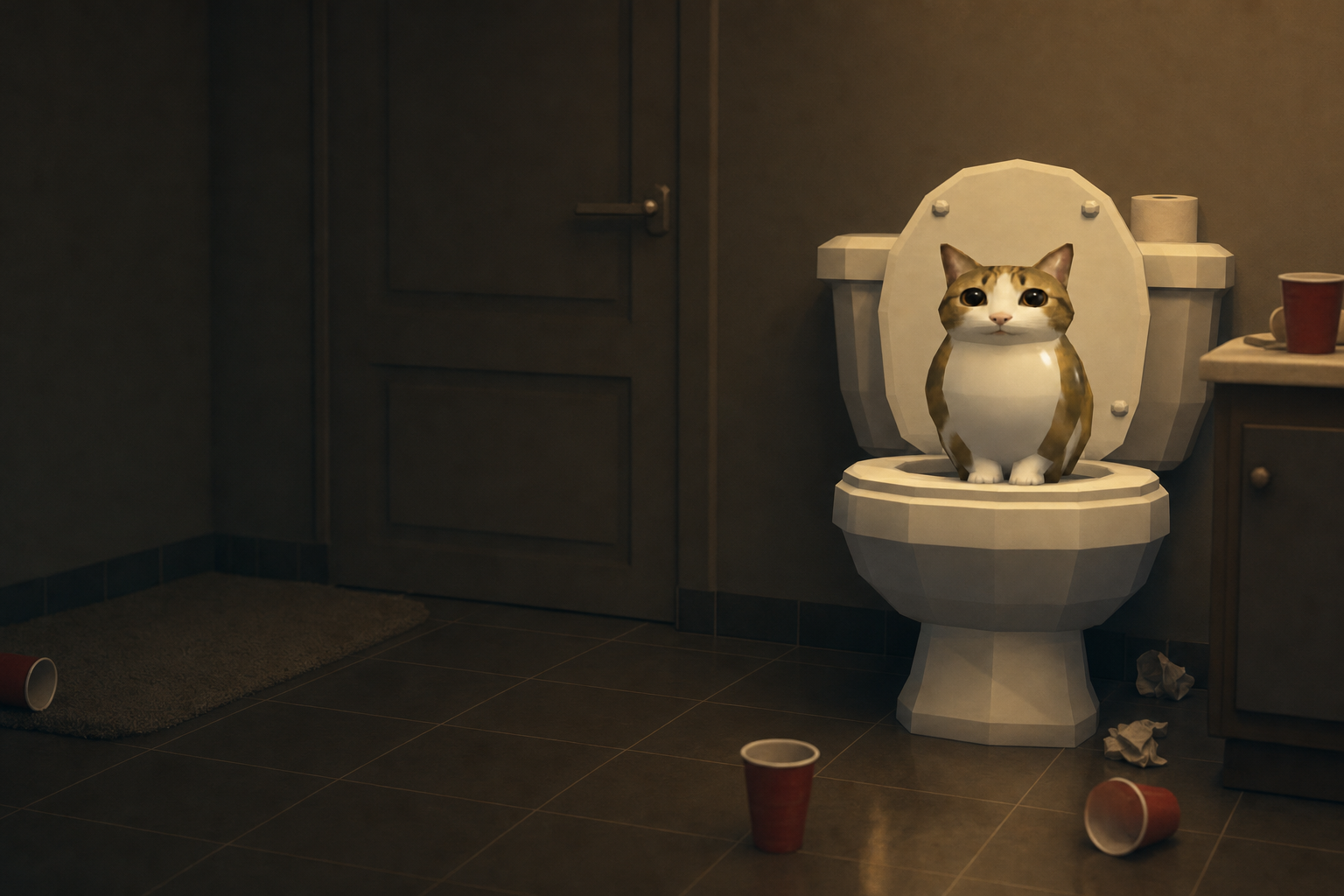 Toilet Cat sitting upright inside a toilet in a dim bathroom, the door behind him, party cups scattered on the tiles